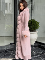 Pink Handmade Women Luxury Knit Cardigan with Real Fox Fur Coat –Handcrafted Long Knitwear Coat – Elegant Cable Knit Outerwear for Women