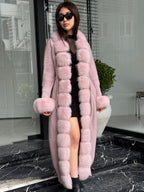Pink Handmade Women Luxury Knit Cardigan with Real Fox Fur Coat –Handcrafted Long Knitwear Coat – Elegant Cable Knit Outerwear for Women