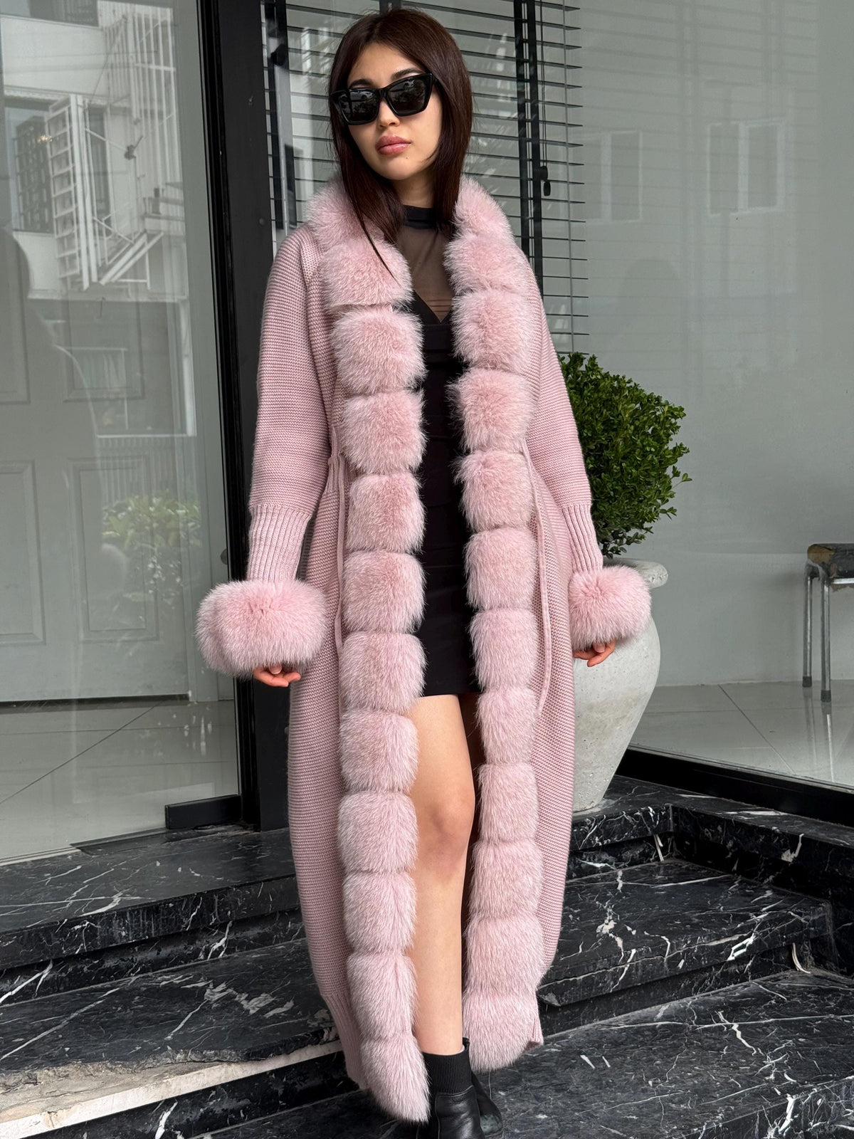 Pink Handmade Women Luxury Knit Cardigan with Real Fox Fur Coat –Handcrafted Long Knitwear Coat – Elegant Cable Knit Outerwear for Women