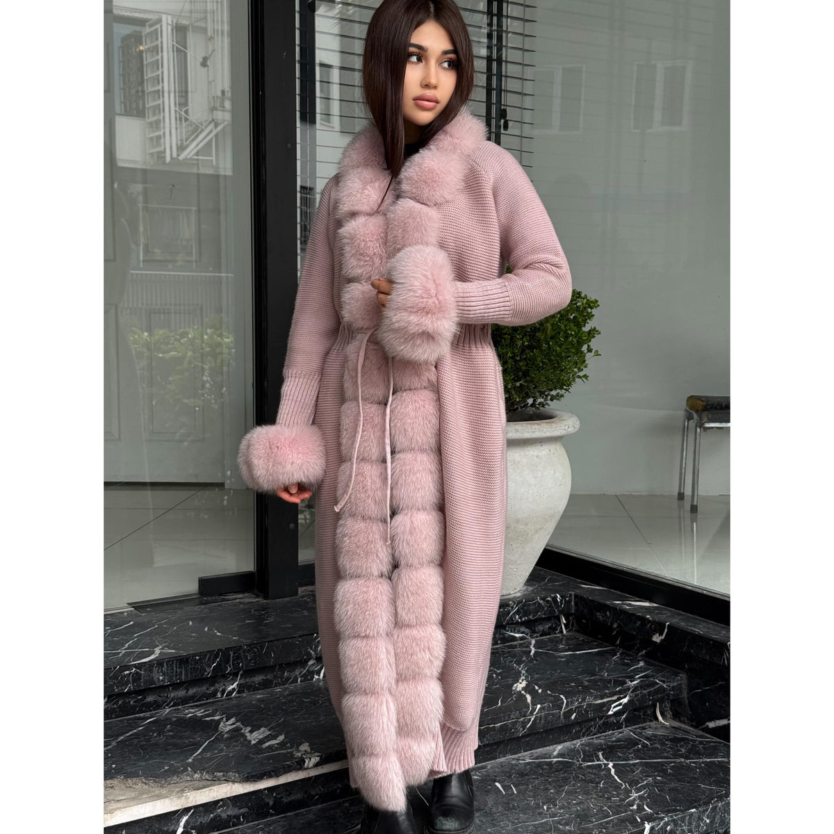 Pink Handmade Women Luxury Knit Cardigan with Real Fox Fur Coat –Handcrafted Long Knitwear Coat – Elegant Cable Knit Outerwear for Women