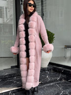 Pink Handmade Women Luxury Knit Cardigan with Real Fox Fur Coat –Handcrafted Long Knitwear Coat – Elegant Cable Knit Outerwear for Women