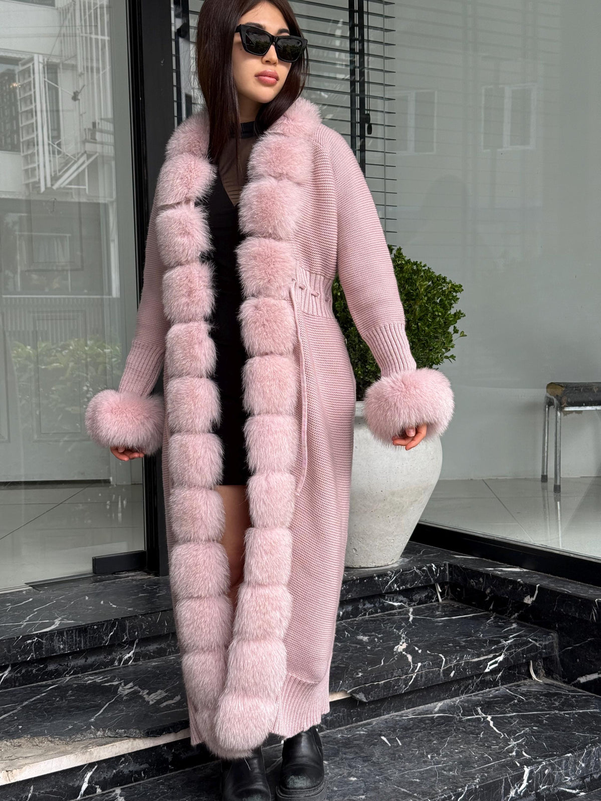 Pink Handmade Women Luxury Knit Cardigan with Real Fox Fur Coat –Handcrafted Long Knitwear Coat – Elegant Cable Knit Outerwear for Women