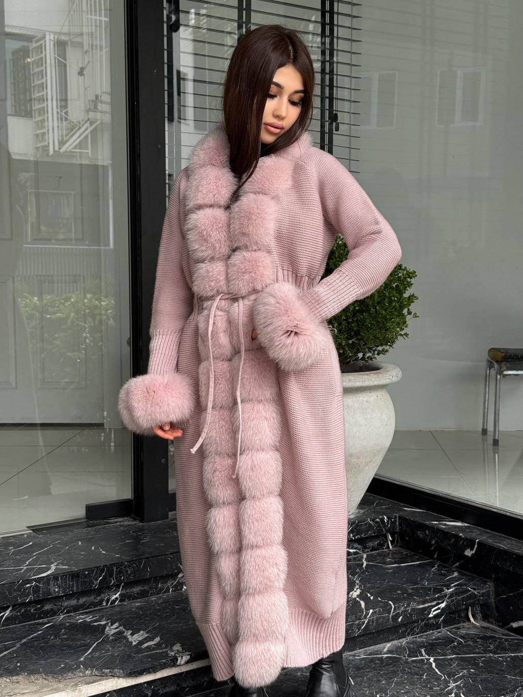 Pink Handmade Women Luxury Knit Cardigan with Real Fox Fur Coat –Handcrafted Long Knitwear Coat – Elegant Cable Knit Outerwear for Women
