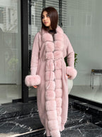 Pink Handmade Women Luxury Knit Cardigan with Real Fox Fur Coat –Handcrafted Long Knitwear Coat – Elegant Cable Knit Outerwear for Women