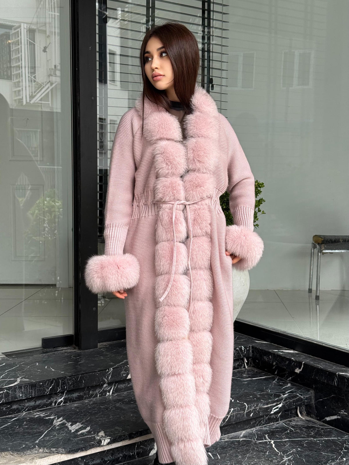 Pink Handmade Women Luxury Knit Cardigan with Real Fox Fur Coat –Handcrafted Long Knitwear Coat – Elegant Cable Knit Outerwear for Women