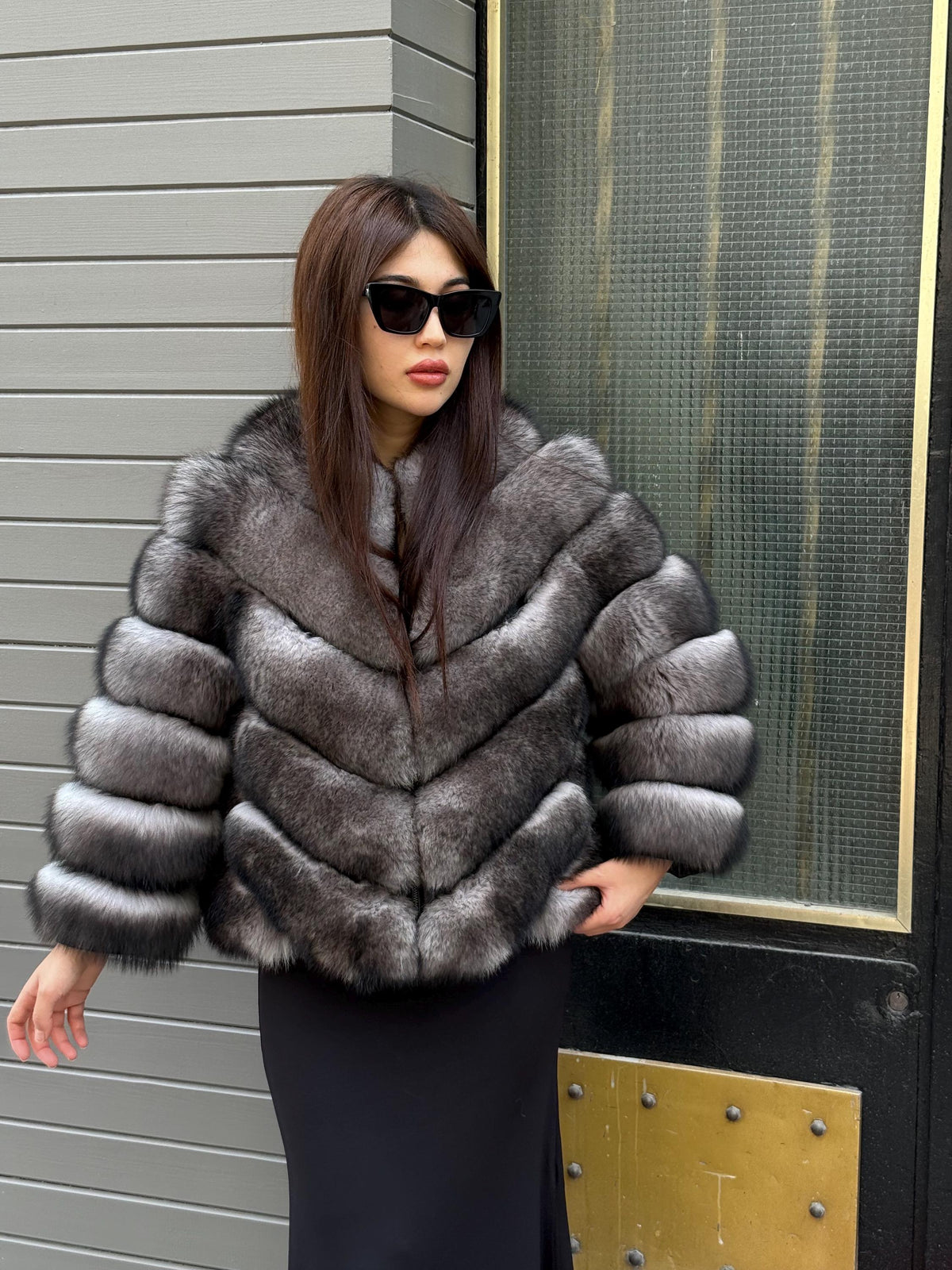 Women’s Gray Fox Fur Jacket, Luxury Chinchilla Color Fur Coat