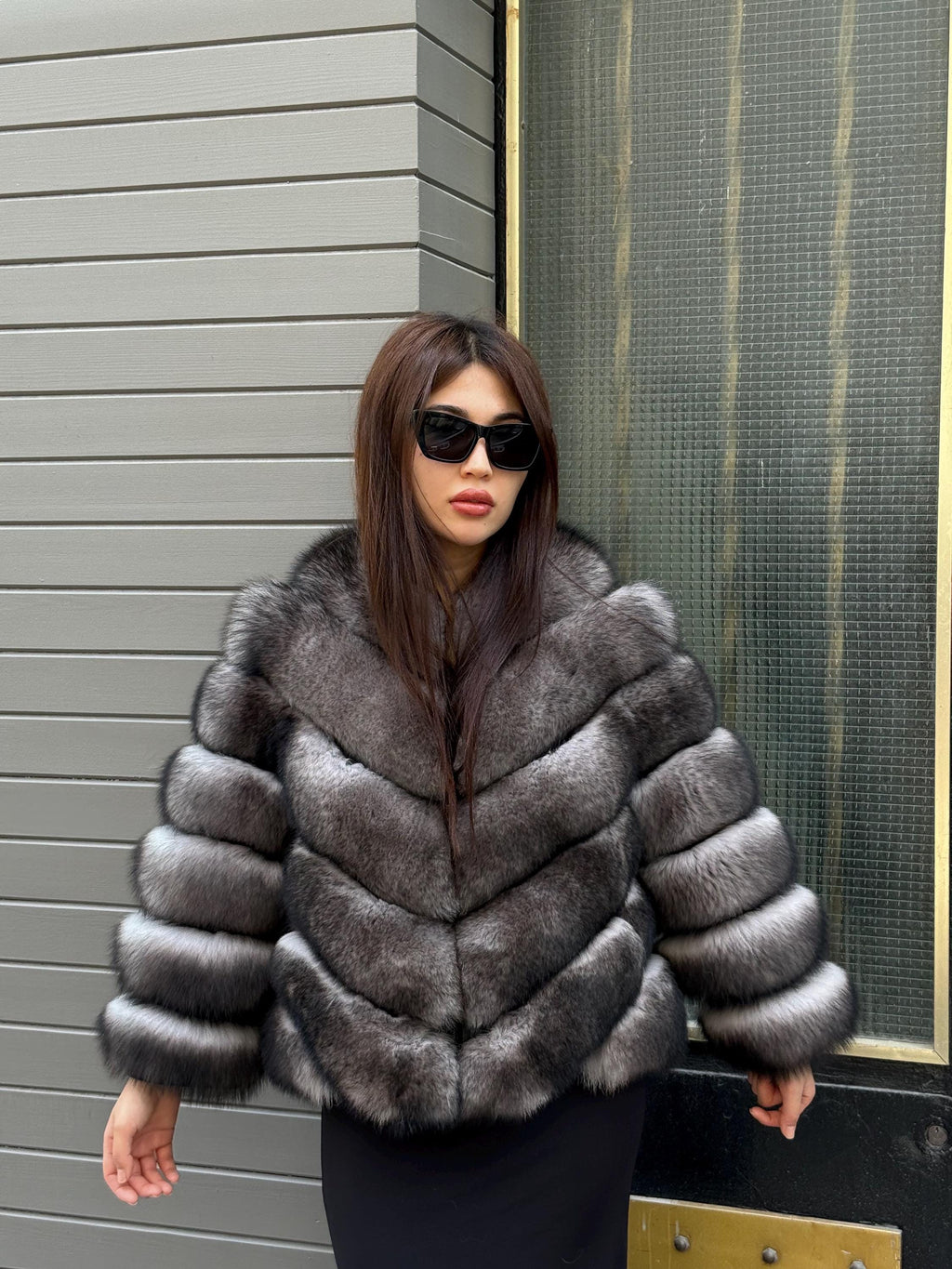 Women’s Gray Fox Fur Jacket, Luxury Chinchilla Color Fur Coat