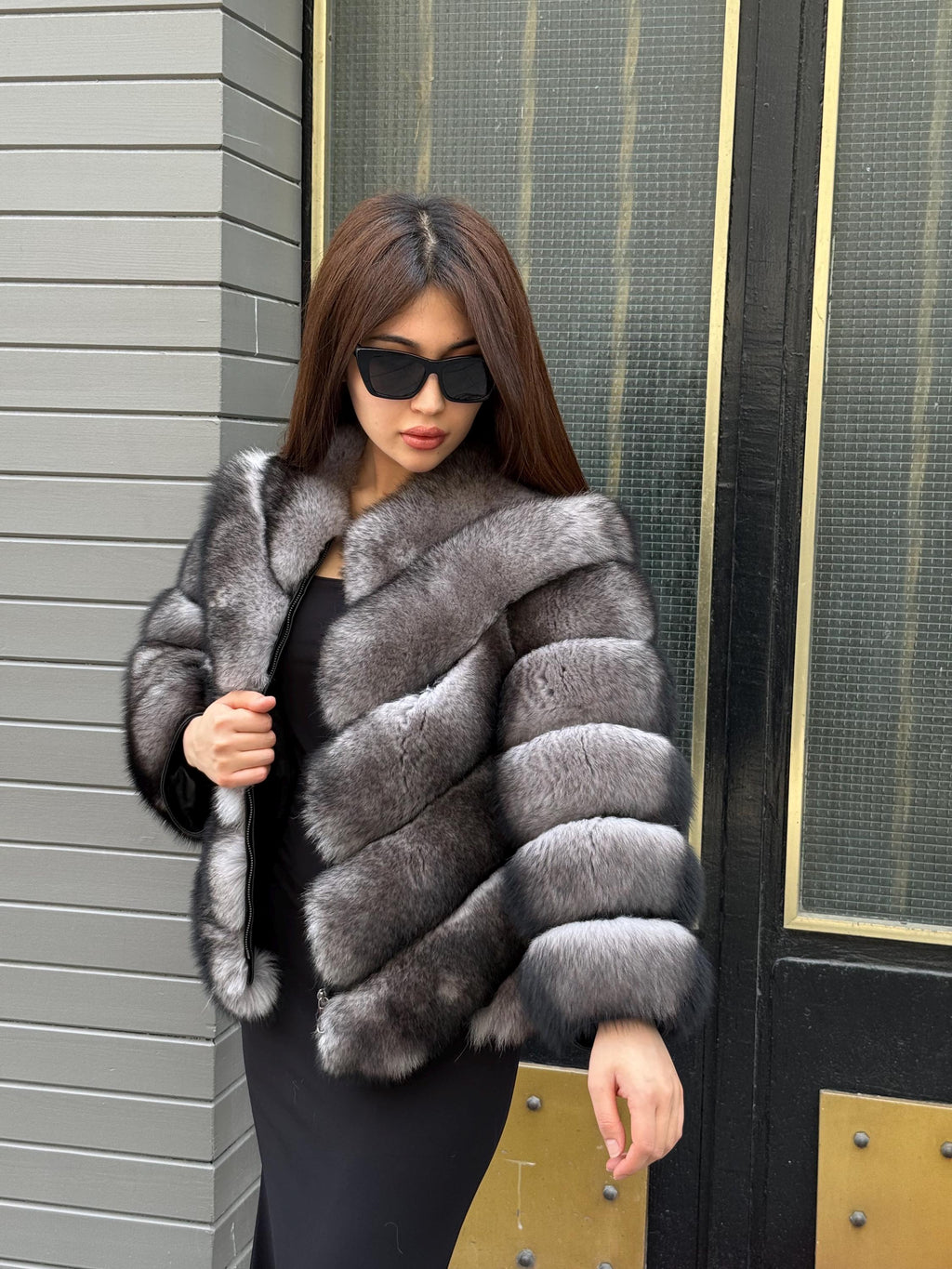 Women’s Gray Fox Fur Jacket, Luxury Chinchilla Color Fur Coat