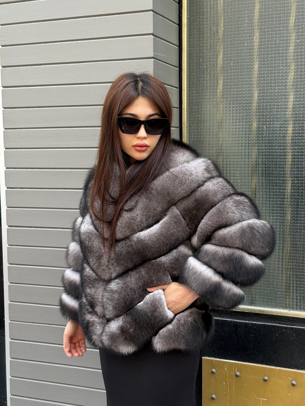 Women’s Gray Fox Fur Jacket, Luxury Chinchilla Color Fur Coat