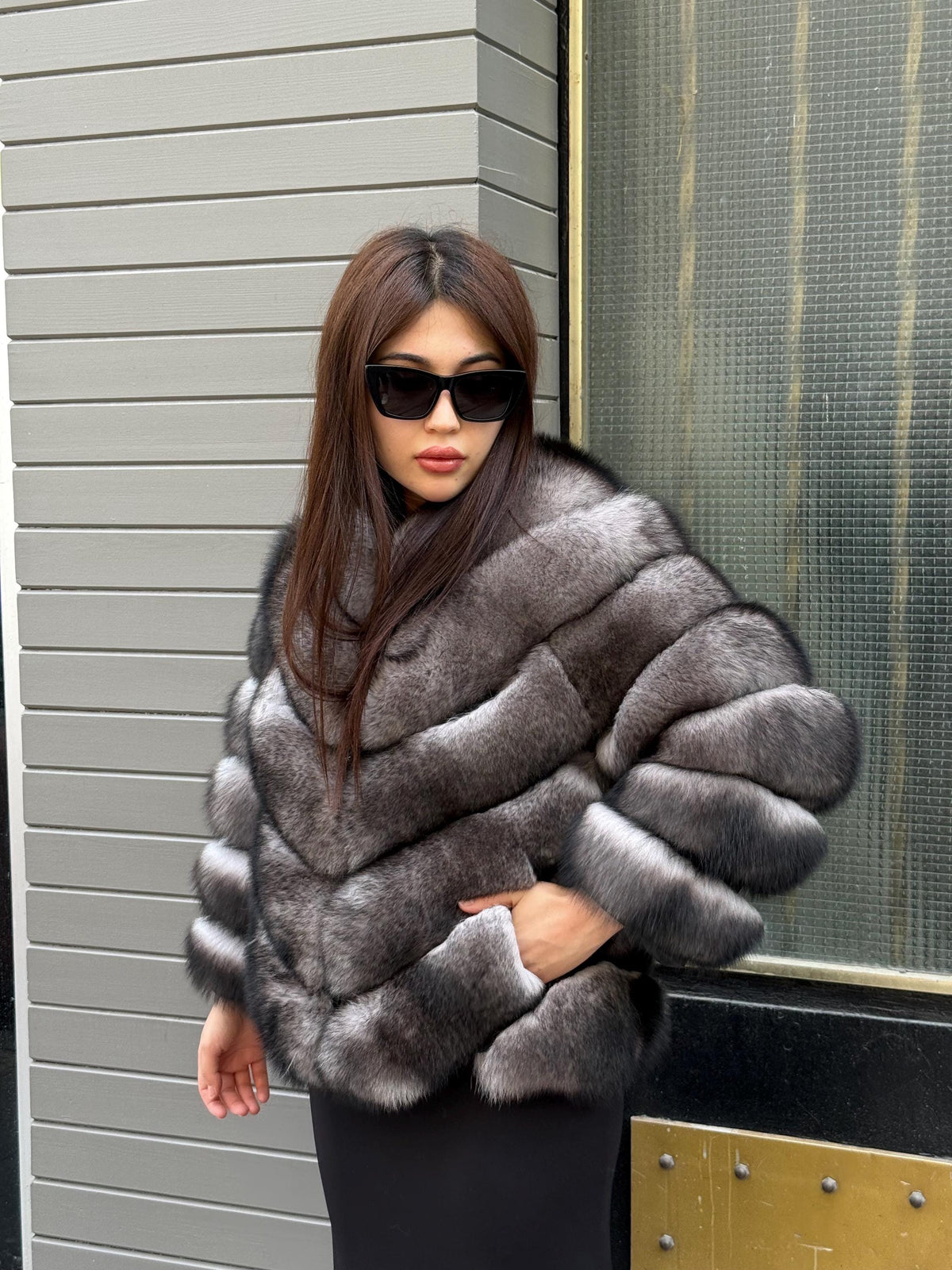 Women’s Gray Fox Fur Jacket, Luxury Chinchilla Color Fur Coat