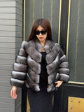 Women’s Gray Fox Fur Jacket, Luxury Chinchilla Color Fur Coat