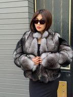 Gray Fox Fur Jacket, Short Women Fox Fur Jacket. Fox Fur Coat. Casual Fox Fur Jacket