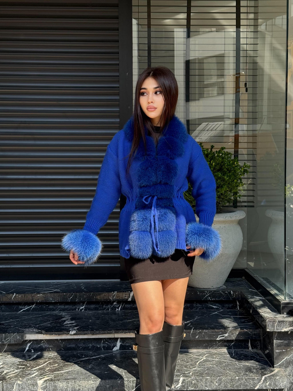 Sax Blue Handmade Women Luxury Knit Cardigan with Real Fox Fur Trim Jacket –Handcrafted Short Knitwear jacket – Elegant Outerwear for Women