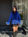 Sax Blue Handmade Women Luxury Knit Cardigan with Real Fox Fur Trim Jacket –Handcrafted Short Knitwear jacket – Elegant Outerwear for Women