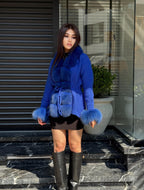 Sax Blue Handmade Women Luxury Knit Cardigan with Real Fox Fur Trim Jacket –Handcrafted Short Knitwear jacket – Elegant Outerwear for Women