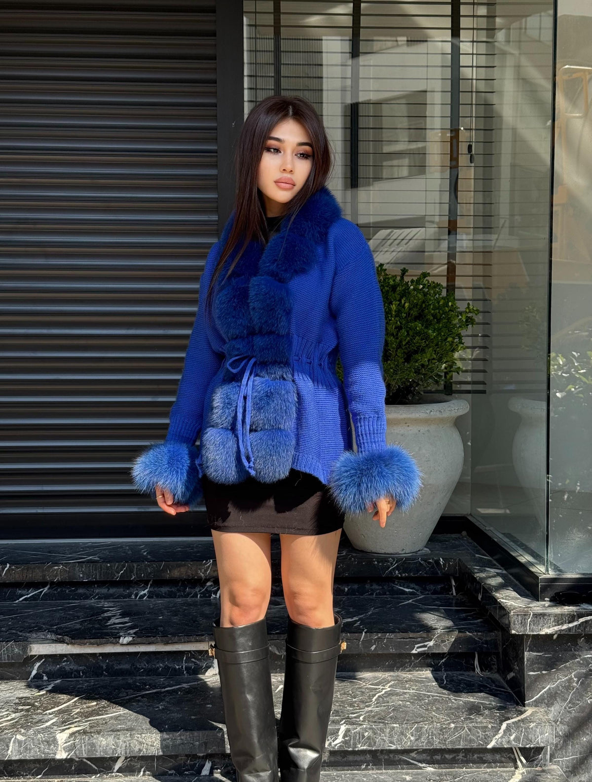 Sax Blue Handmade Women Luxury Knit Cardigan with Real Fox Fur Trim Jacket –Handcrafted Short Knitwear jacket – Elegant Outerwear for Women