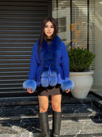 Sax Blue Handmade Women Luxury Knit Cardigan with Real Fox Fur Trim Jacket –Handcrafted Short Knitwear jacket – Elegant Outerwear for Women