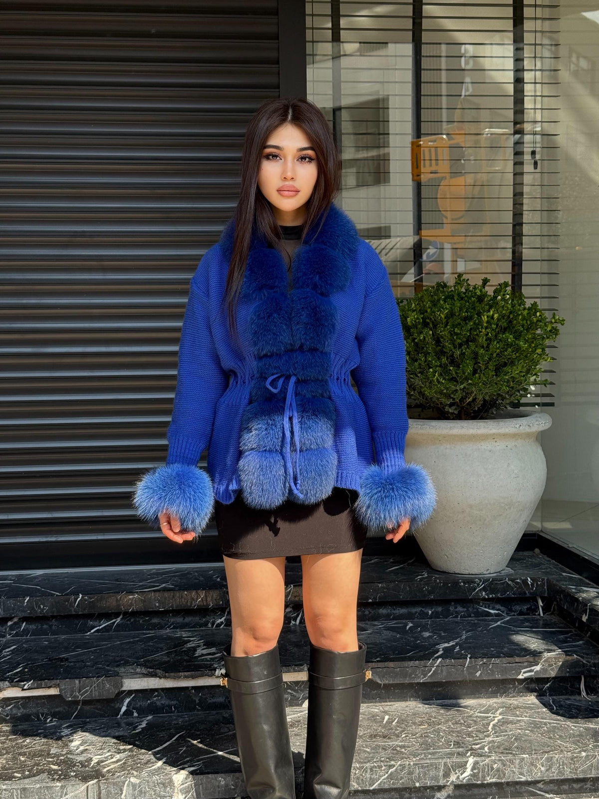 Sax Blue Handmade Women Luxury Knit Cardigan with Real Fox Fur Trim Jacket –Handcrafted Short Knitwear jacket – Elegant Outerwear for Women