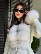 White Handmade Women Luxury Knit Cardigan with Real Fox Fur Trim Jacket –Handcrafted Short Knitwear jacket – Elegant Outerwear for Women