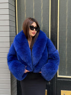 Sax Blue Fox Fur Jacket | Women Luxury Handmade Cropped Fur Coat