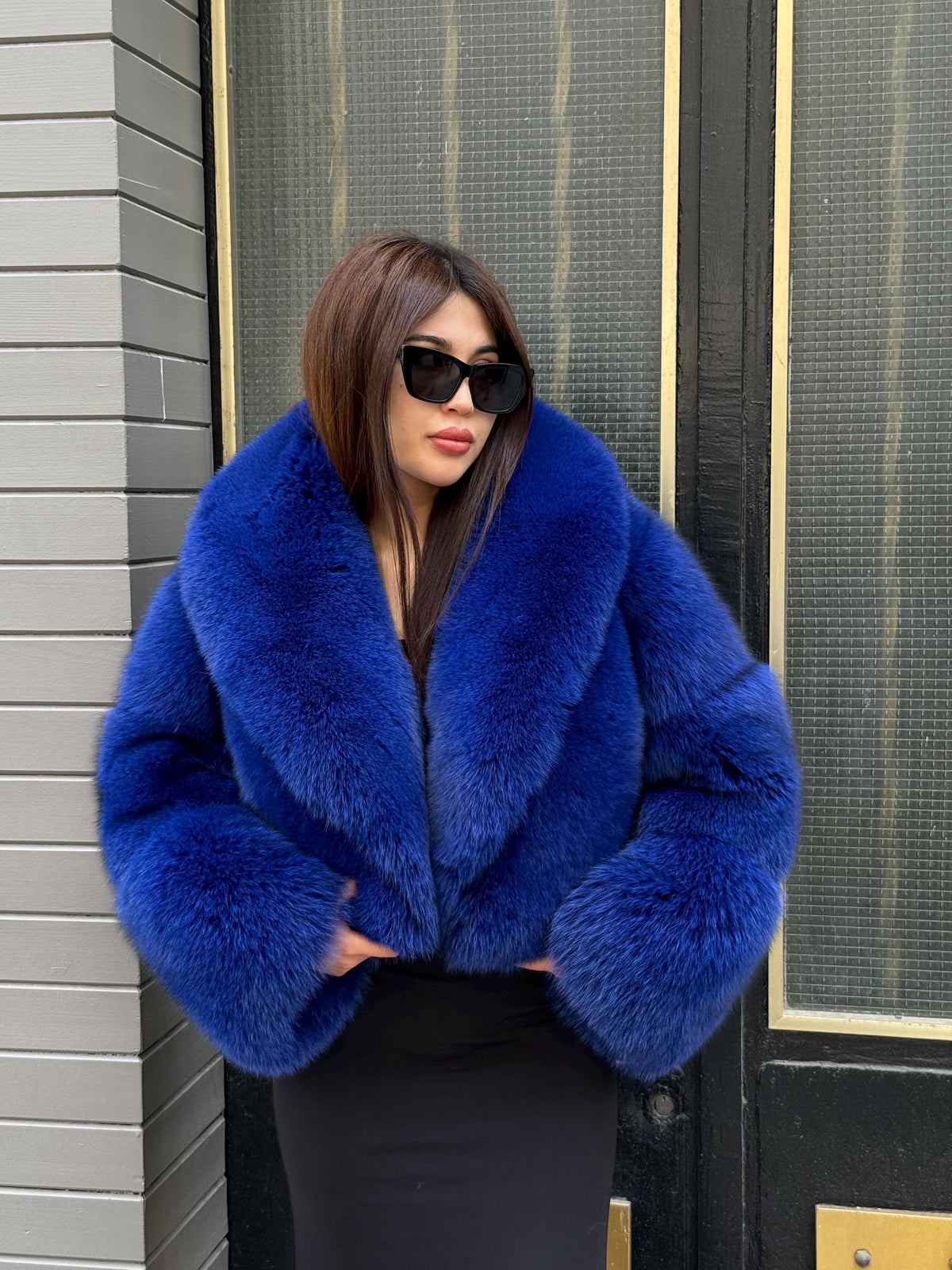 Sax Blue Fox Fur Jacket | Women Luxury Handmade Cropped Fur Coat