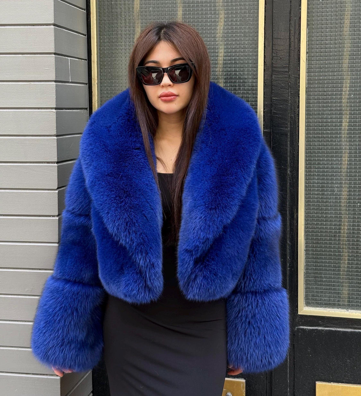 Sax Blue Fox Fur Jacket | Women Luxury Handmade Cropped Fur Coat