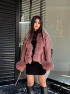 Dark Pink Handmade Women Luxury Knit Cardigan with Fox Fur Jacket –Handcrafted Short Knitwear jacket –Elegant Cable Knit Outerwear for Women