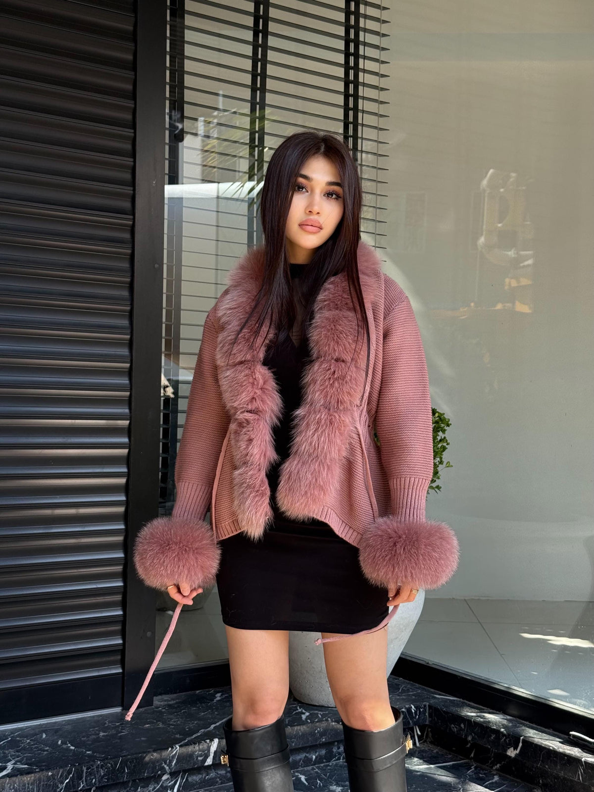 Dark Pink Handmade Women Luxury Knit Cardigan with Fox Fur Jacket –Handcrafted Short Knitwear jacket –Elegant Cable Knit Outerwear for Women
