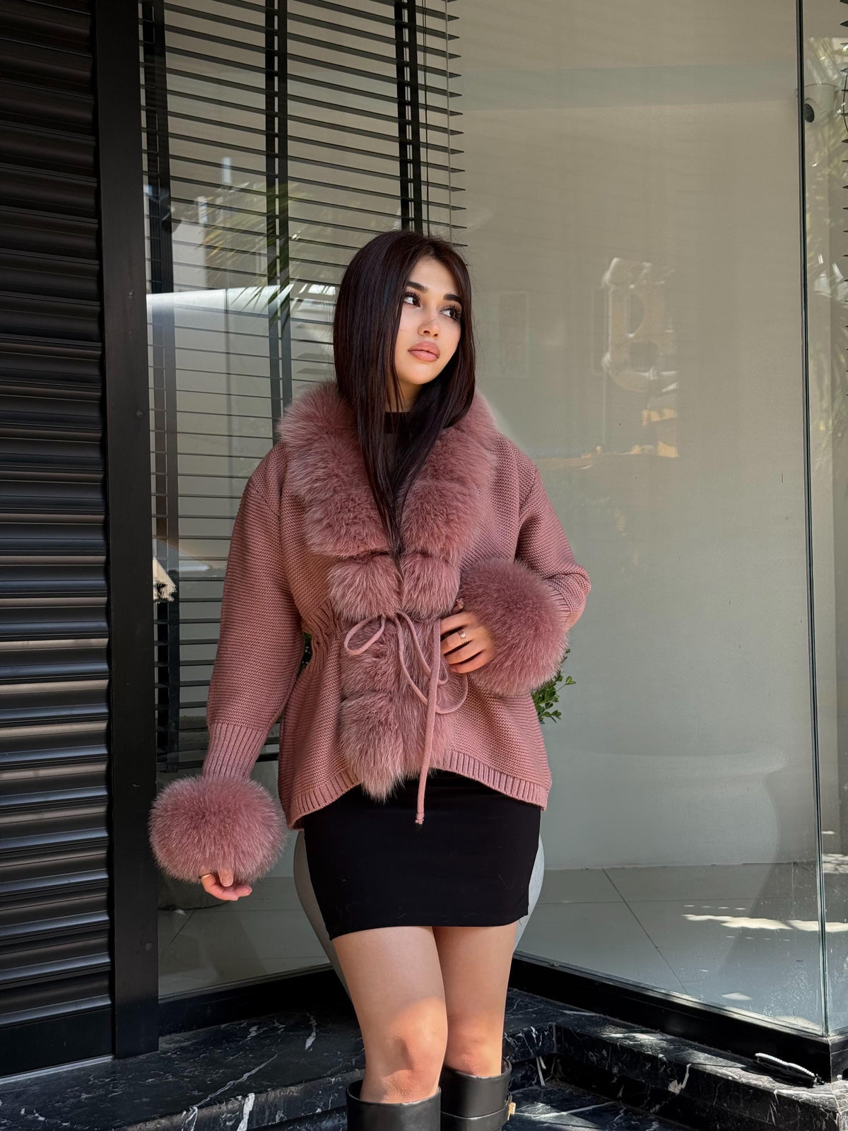 Dark Pink Handmade Women Luxury Knit Cardigan with Fox Fur Jacket –Handcrafted Short Knitwear jacket –Elegant Cable Knit Outerwear for Women