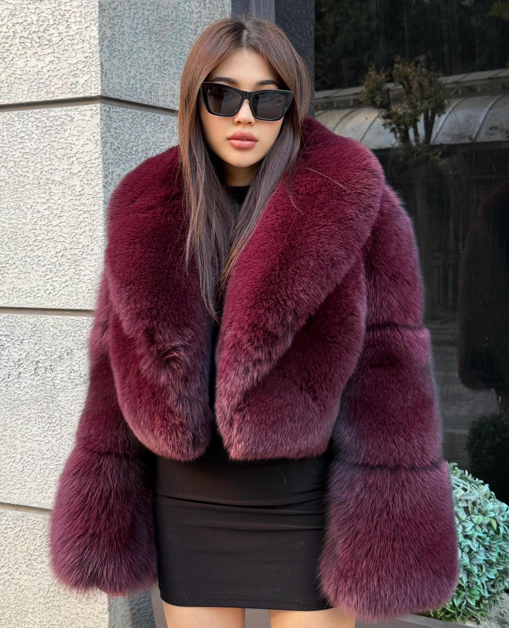Burgundy Fox Fur Jacket, Women’s Handmade Short Fox Fur Coat
