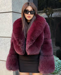 Burgundy Fox Fur Jacket, Women’s Handmade Short Fox Fur Coat