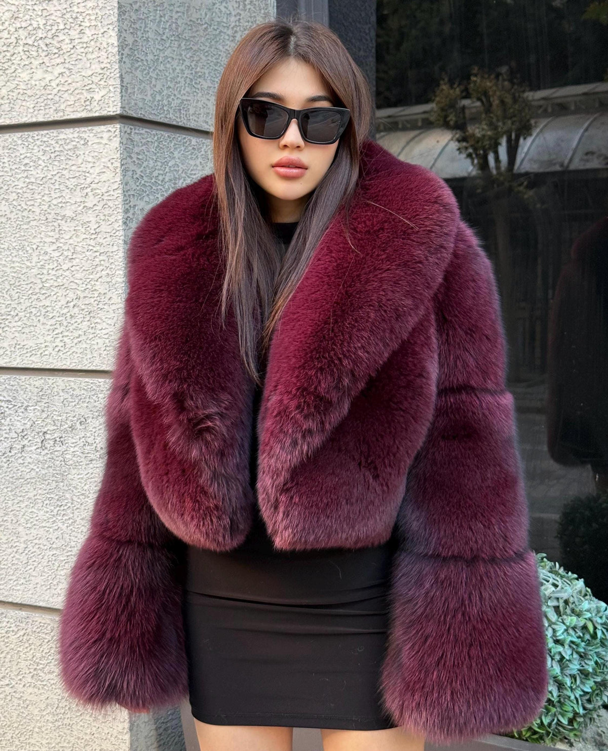 Burgundy Fox Fur Jacket, Women’s Handmade Short Fox Fur Coat