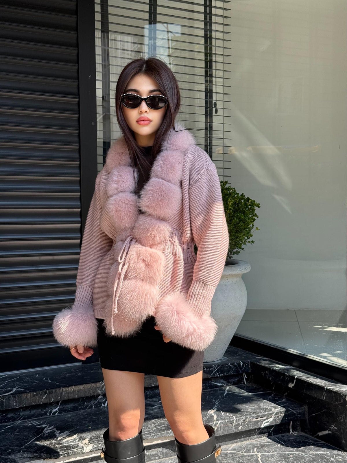 Pink Handmade Women Luxury Knit Cardigan with Real Fox Fur Trim Jacket –Handcrafted Short Knitwear jacket – Elegant Outerwear for Women