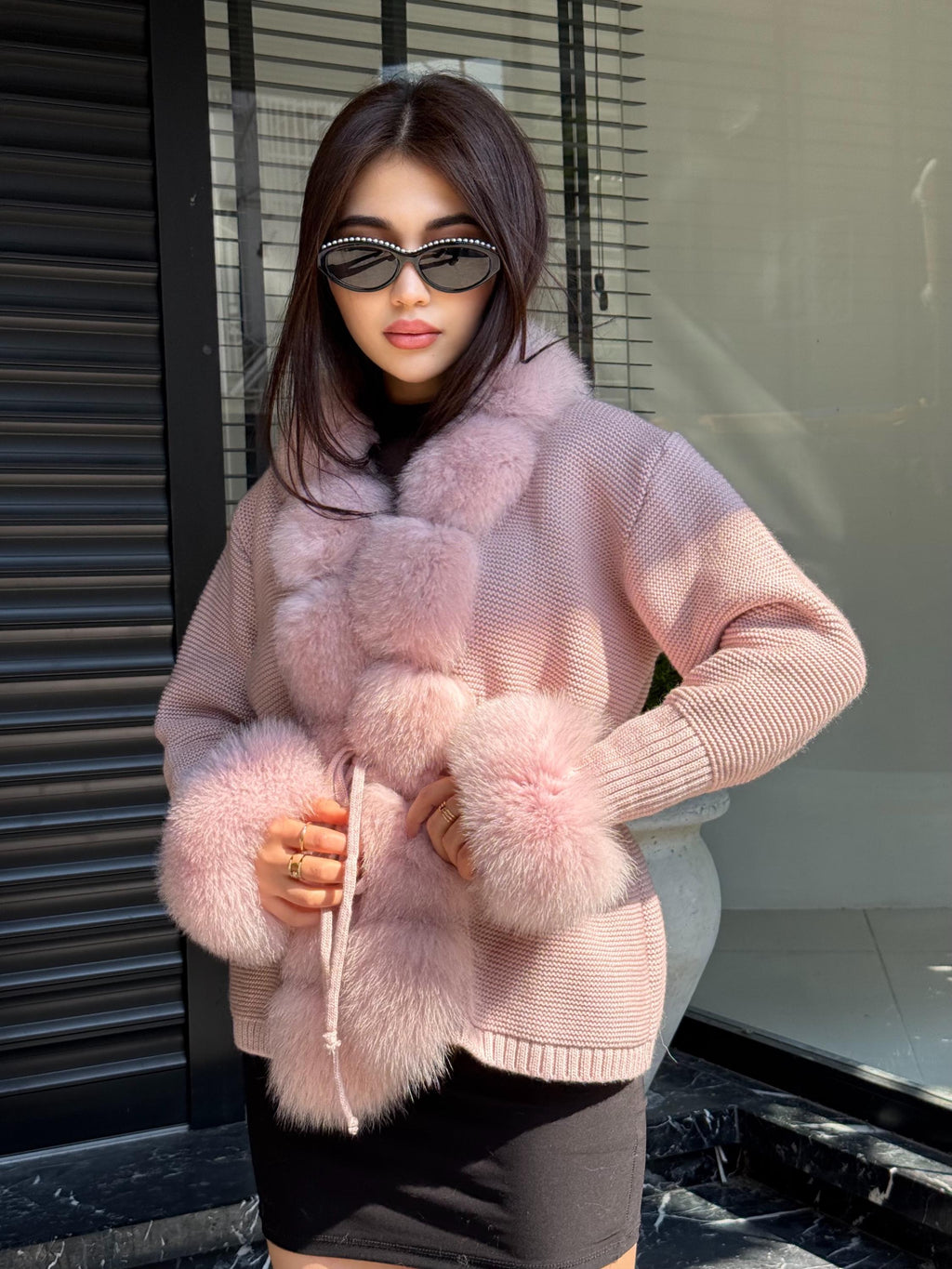 Pink Handmade Women Luxury Knit Cardigan with Real Fox Fur Trim Jacket –Handcrafted Short Knitwear jacket – Elegant Outerwear for Women