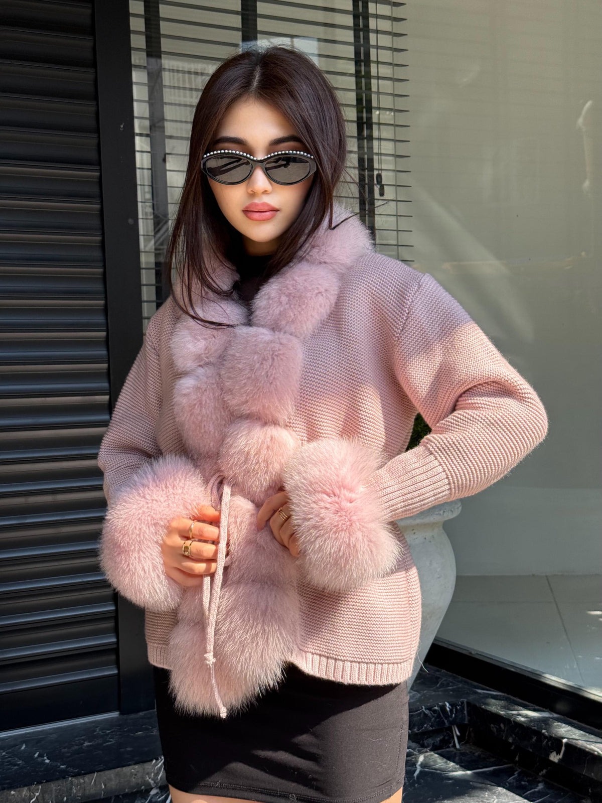 Pink Handmade Women Luxury Knit Cardigan with Real Fox Fur Trim Jacket –Handcrafted Short Knitwear jacket – Elegant Outerwear for Women
