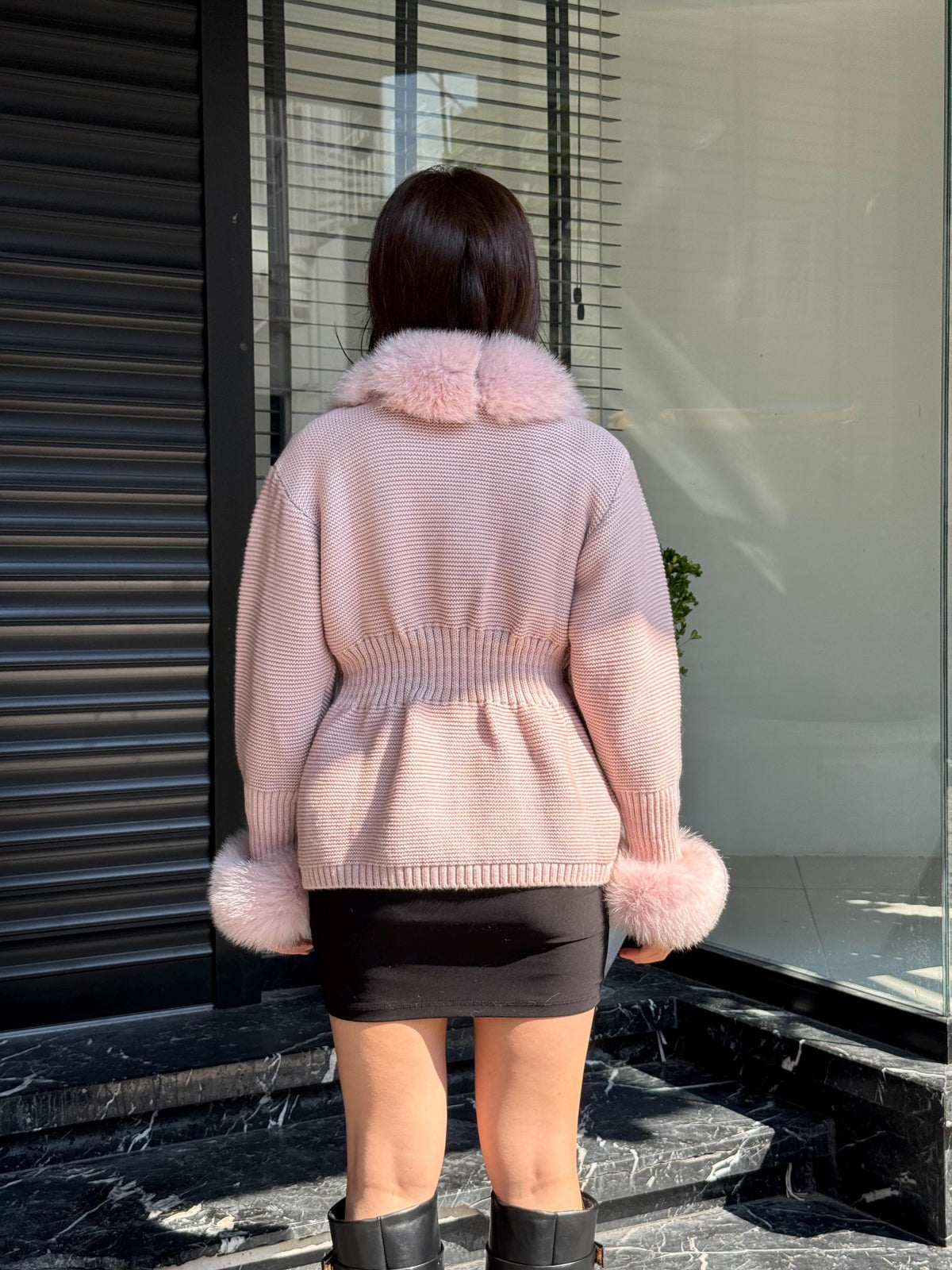 Pink Handmade Women Luxury Knit Cardigan with Real Fox Fur Trim Jacket –Handcrafted Short Knitwear jacket – Elegant Outerwear for Women