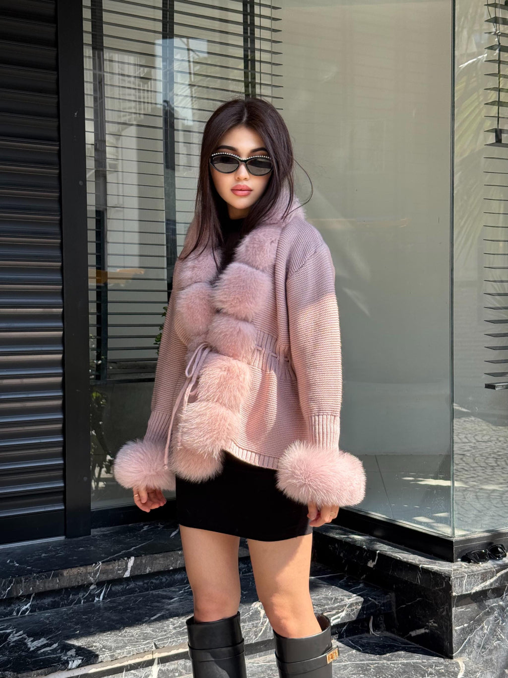Pink Handmade Women Luxury Knit Cardigan with Real Fox Fur Trim Jacket –Handcrafted Short Knitwear jacket – Elegant Outerwear for Women