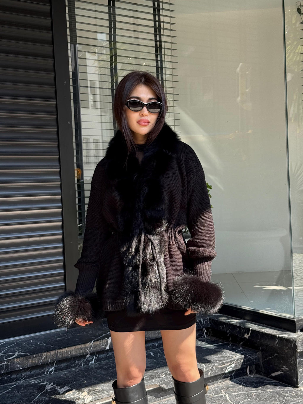 Black Handmade Women Luxury Knit Cardigan with Fox Fur Jacket –Handcrafted Short Knitwear jacket – Elegant Cable Knit Outerwear for Women