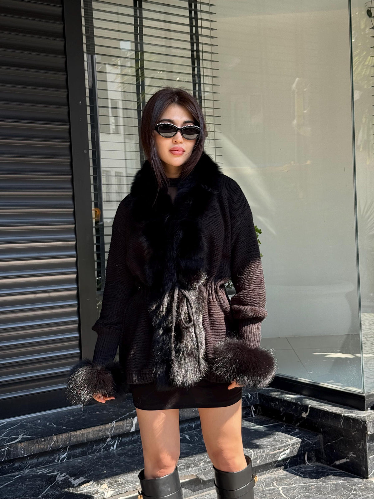 Black Handmade Women Luxury Knit Cardigan with Fox Fur Jacket –Handcrafted Short Knitwear jacket – Elegant Cable Knit Outerwear for Women