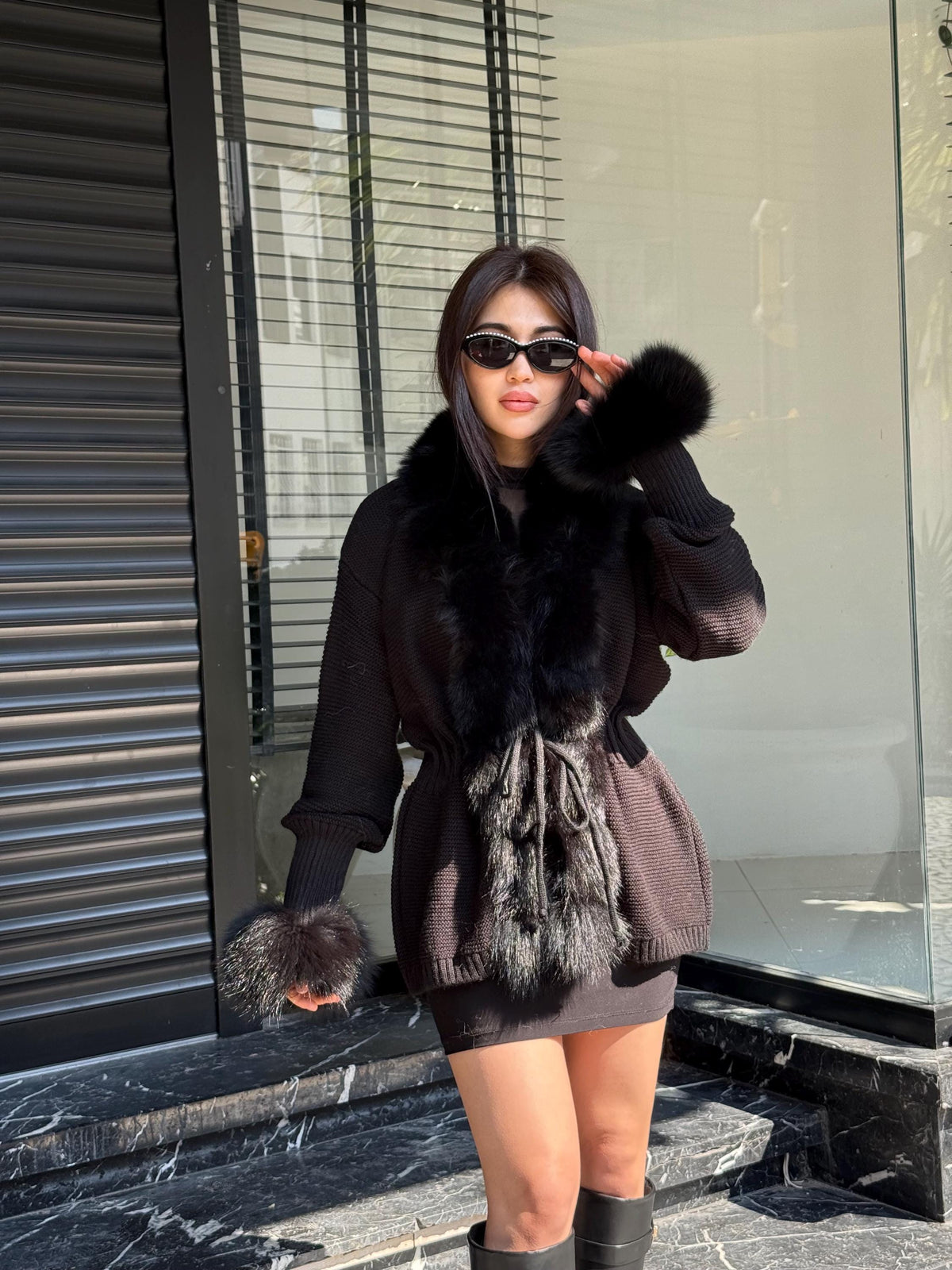 Black Handmade Women Luxury Knit Cardigan with Fox Fur Jacket –Handcrafted Short Knitwear jacket – Elegant Cable Knit Outerwear for Women