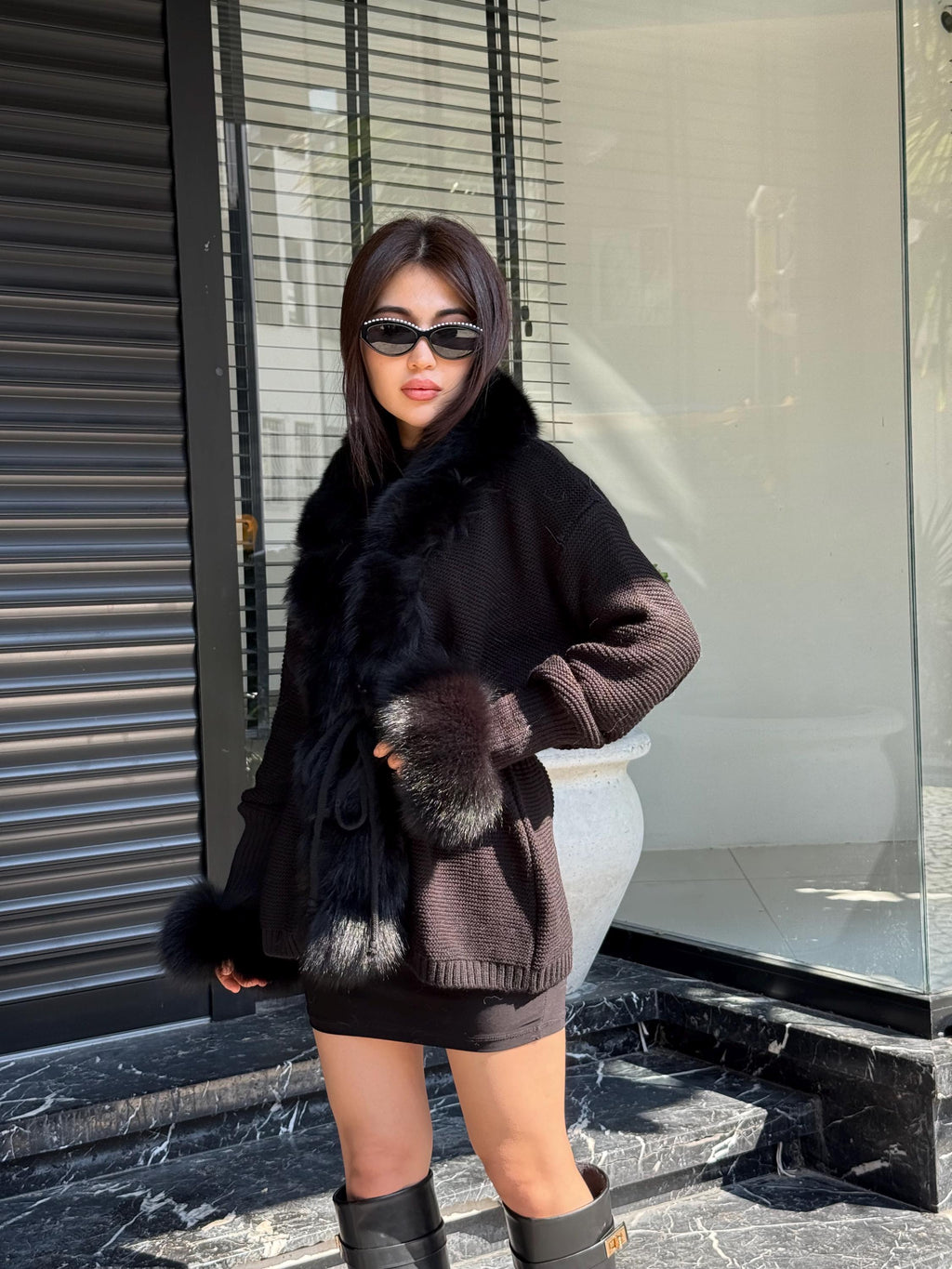 Black Handmade Women Luxury Knit Cardigan with Fox Fur Jacket –Handcrafted Short Knitwear jacket – Elegant Cable Knit Outerwear for Women