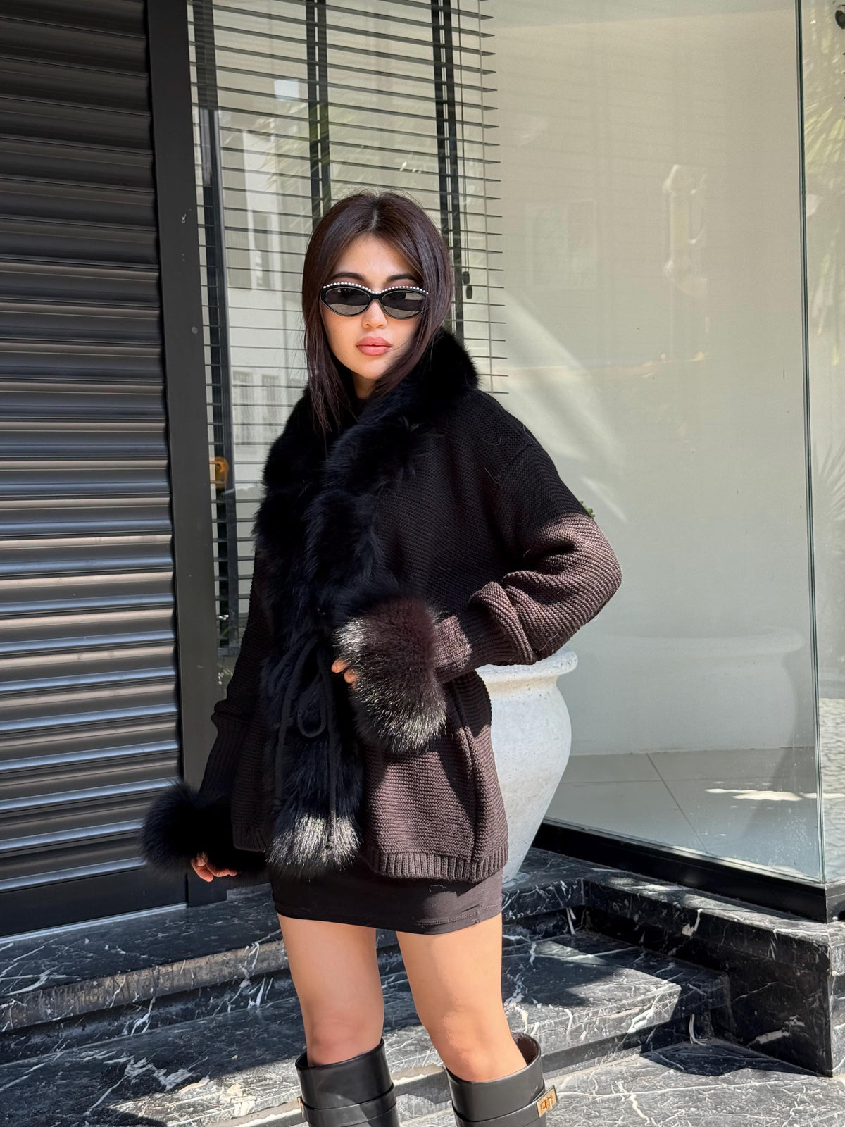 Black Handmade Women Luxury Knit Cardigan with Fox Fur Jacket –Handcrafted Short Knitwear jacket – Elegant Cable Knit Outerwear for Women