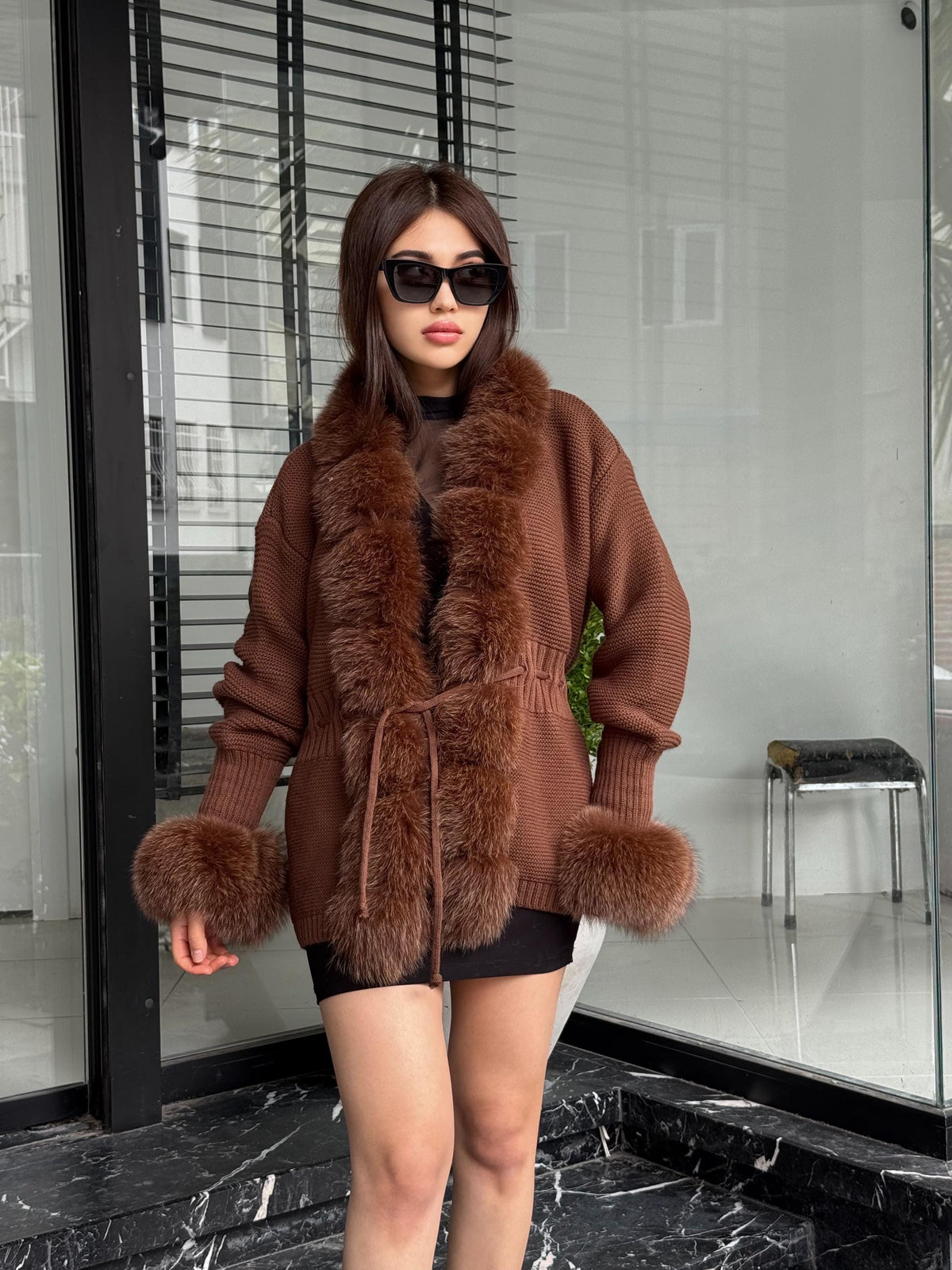 Brown Handmade Women Luxury Knit Cardigan with Fox Fur Jacket –Handcrafted Short Knitwear jacket – Elegant Cable Knit Outerwear for Women