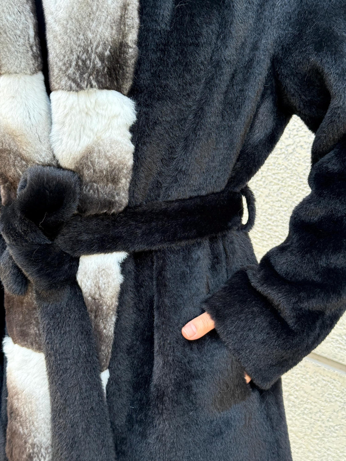 Black Long Hooded Alcantara Coat , Luxury Women’s Hooded Orylag Rex Fur Jacket