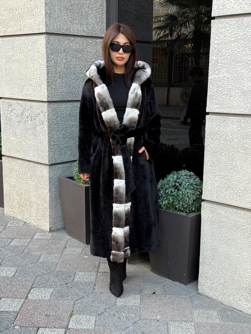 Black Long Hooded Alcantara Coat , Luxury Women’s Hooded Orylag Rex Fur Jacket