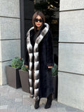 Black Long Hooded Alcantara Coat , Luxury Women’s Hooded Orylag Rex Fur Jacket