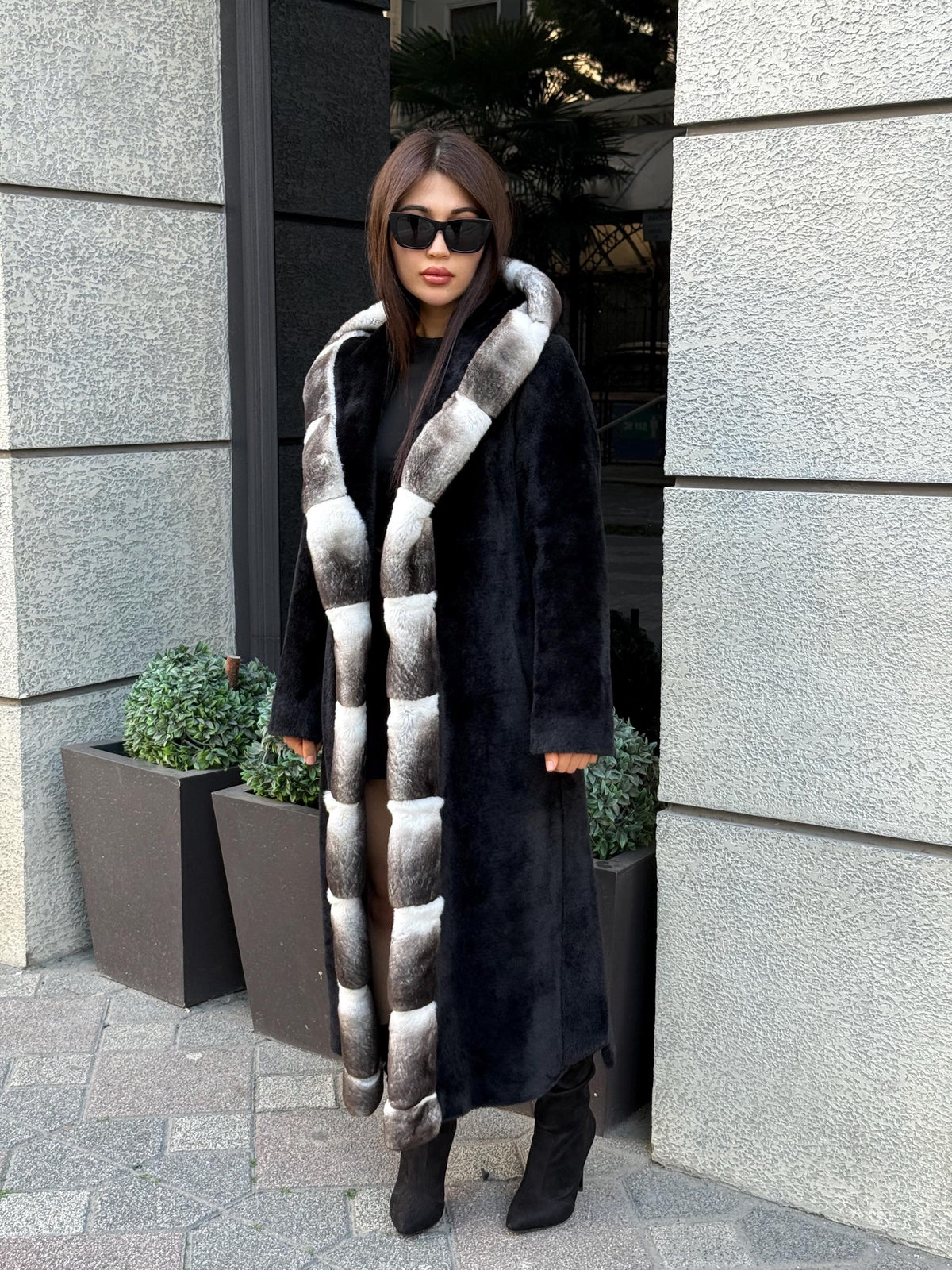 Black Long Hooded Alcantara Coat , Luxury Women’s Hooded Orylag Rex Fur Jacket