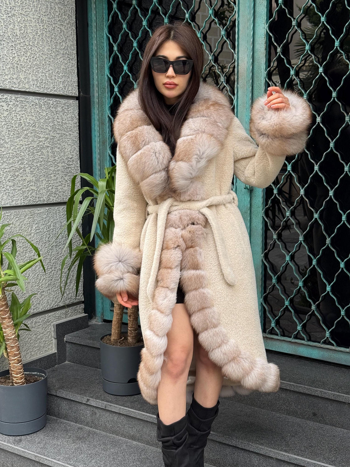 Beige Long Alcantara Coat, Front&Cuffs Fox Fur Jacket./ Women Fox Fur Jacket./ Long Fox Fur Coat./ Fox Fur