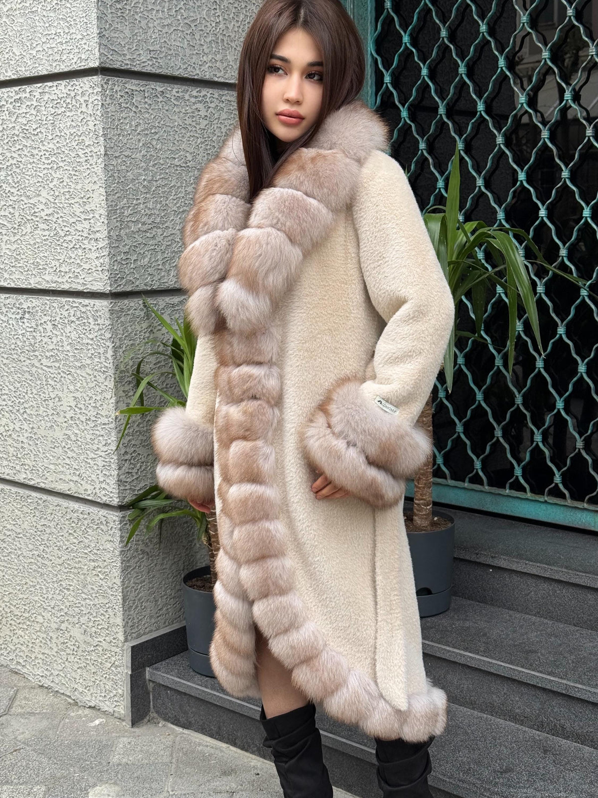 Beige Long Alcantara Coat, Front&Cuffs Fox Fur Jacket./ Women Fox Fur Jacket./ Long Fox Fur Coat./ Fox Fur