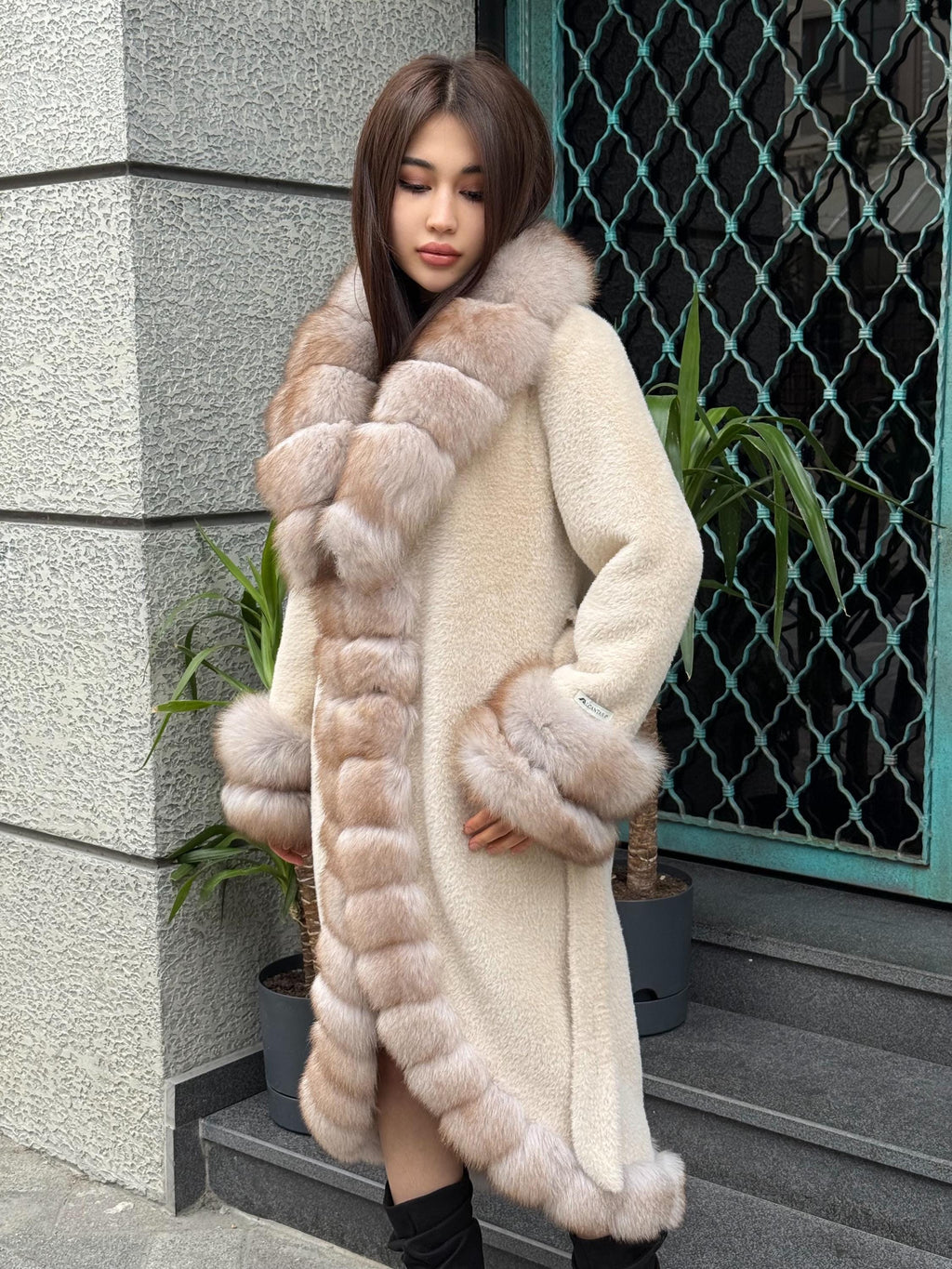 Beige Long Alcantara Coat, Front&Cuffs Fox Fur Jacket./ Women Fox Fur Jacket./ Long Fox Fur Coat./ Fox Fur